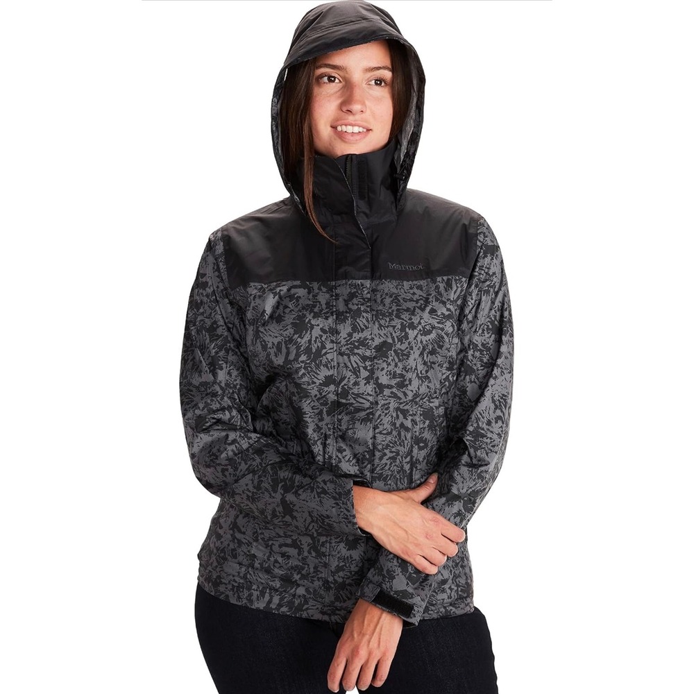 Marmot PreCip Rain Jacket Womens Grey Black Abstract Floral Print Waterproof LG